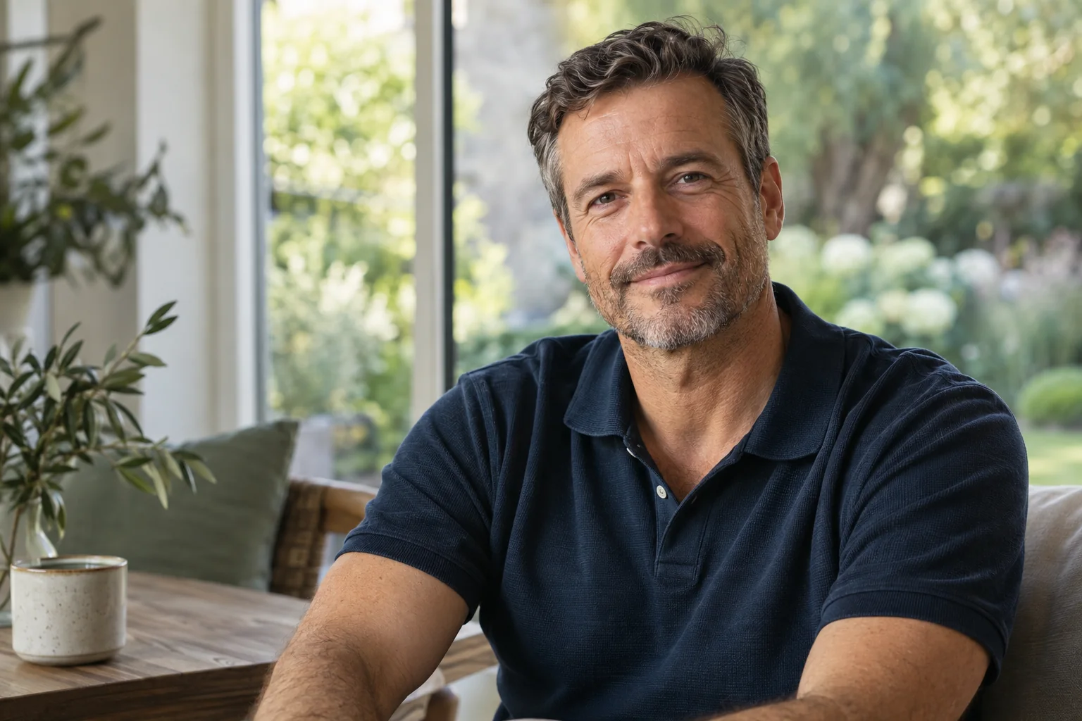 A man in a navy polo seated beside a sunlit window.