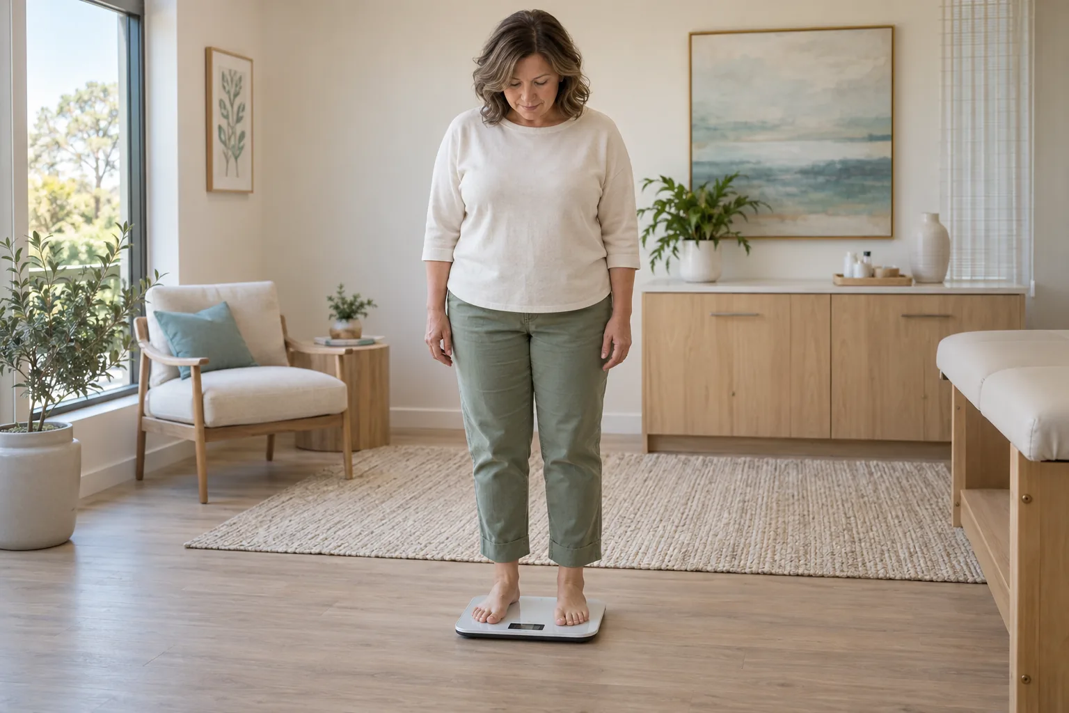 A woman in a cream top and green pants stands barefoot on a bathroom scale, looking down at the reading.