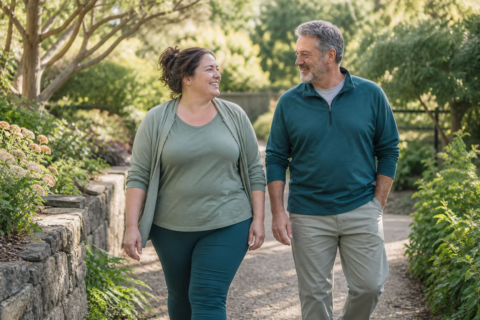 Two adults walking together along a leafy path.